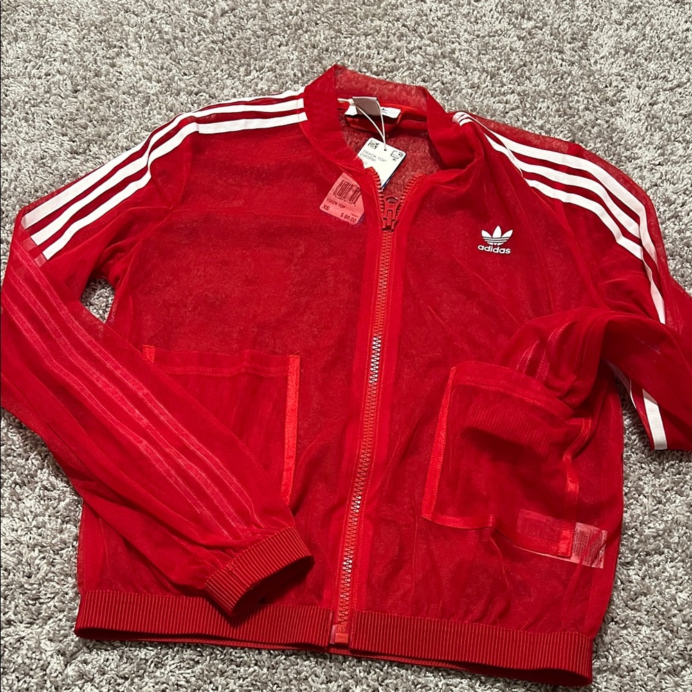 Adidas Vibrant Red Mesh Track Jacket with White Stripes